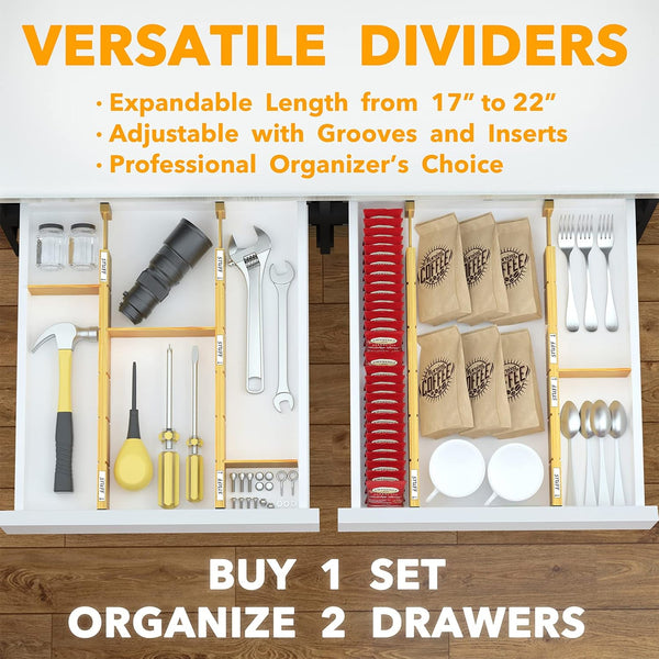 SpaceAid Bamboo Drawer Dividers with Inserts and Labels, Kitchen Adjustable Drawer Organizers, Expandable Organization for Home, Office, Dressers,