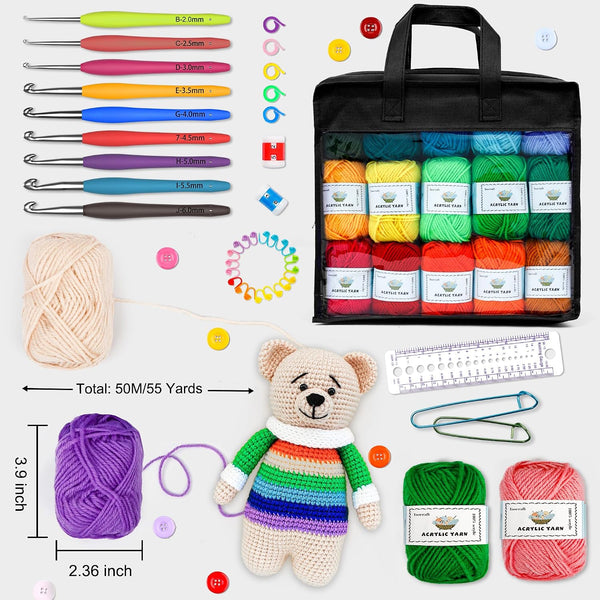 103 PCS Crochet Kit with Crochet Hooks Yarn Set, Premium Bundle Includes 1650 Yards Acrylic Yarn Skeins Balls, Needles, Accessories, Bag, Ideal