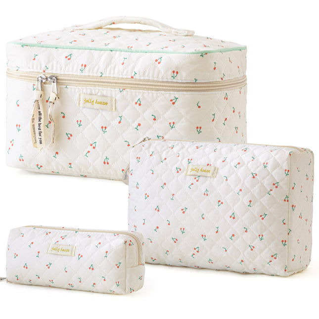 HBselect Quilted Makeup Bag, 3PCS Cotton Large Travel Makeup Bag, Cute Floral Coquette Make up Bag Cosmetic Bag Toiletry