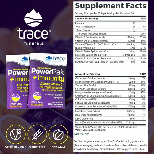 Trace Minerals Powerpak plus Immunity - Hydration Support Supplement - Vitamin &