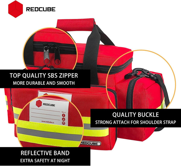 REDCUBE Emergency Bag - First Aid Bags Empty - First Responder Bag for Trauma, Professional Multiple Compartment Kit Carrier For Emergency Medical