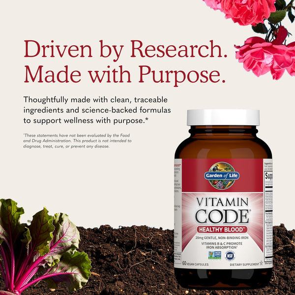 Garden of Life Vitamin Code Healthy Blood - Iron Supplement for Women, 60 Vegan Capsules, with Vitamins B, C, Trace Minerals, Fruit Veggies,