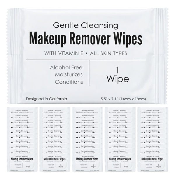 World Amenities - Makeup Remover Wipes - Alcohol Free - Vitamin E Face Wipes for Sensitive Skin Comfort - Individually Wrapped - Travel Friendly