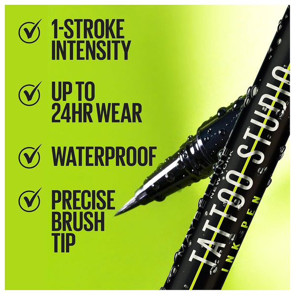 Maybelline Tattoo Studio Ink Pen Eyeliner, Waterproof & Smudge Resistant Liner, Up to 24 Hours Eye Makeup Wear, Jet Black, 1 Count