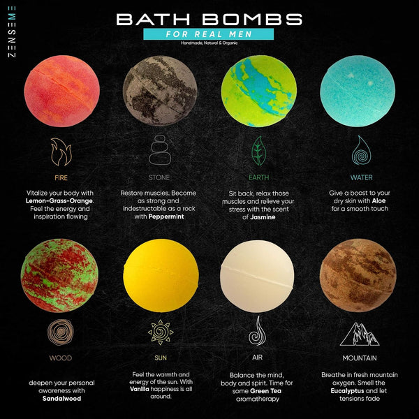 Bath Bombs for Men, Gift Set of 8 Scented Organic Handmade Bath Bombs of 2.5 oz with Natural Essential Oils for Boyfriend, Husband, Father or
