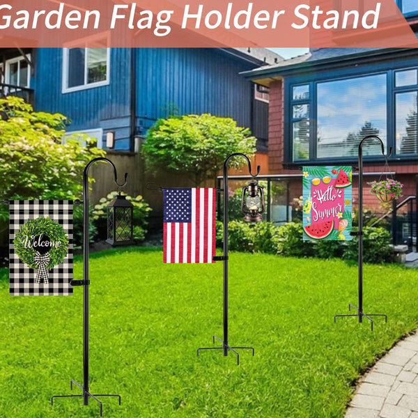 Garden Flag Holder Stand and Shepherds Hooks, 48 Inch Height with 1/2 Thick Metal Pole-Outdoor Lawn Yard Stake for Small 12x18, Solar Lights-Mini