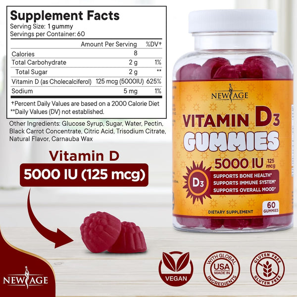 NEW AGE Vitamin D3 5000 IU 125mcg Gummies - Immune Supplement - Non-GMO, Gluten-Free, Dairy-Free, No Gelatin (120 Gummies (Pack of 2))