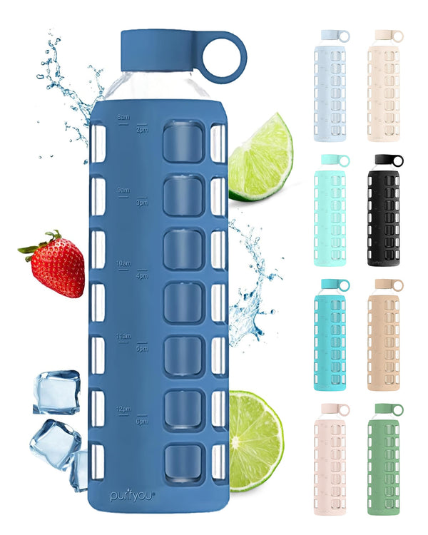 Purifyou Premium 40/32 / 22/12 Oz Glass Water Bottles with Times to Drink and Volume, Silicone Sleeve & Stainless Steel Lid Insert, Reusable for