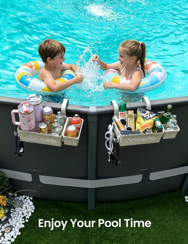 SUMMERBUDDY 2 Sets Upgrade Poolside Storage Basket, Above Ground Pool Storage Basket with Pool Cup Holder, For Steel Round or Oval Frame Above