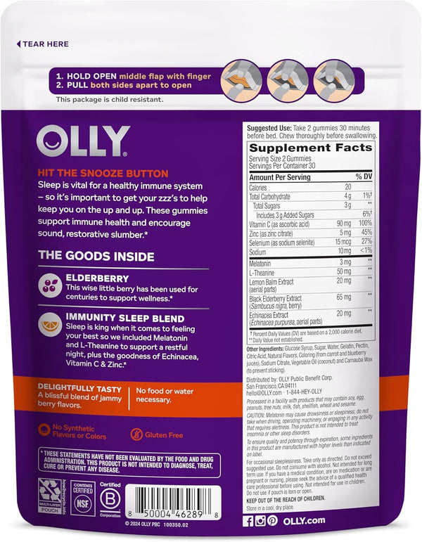 OLLY Immunity Sleep Gummy, Immune and Sleep Support, 3Mg Melatonin, Echinacea, Zinc, Vitamin C, Chewable Supplement, Berry - 60 Count