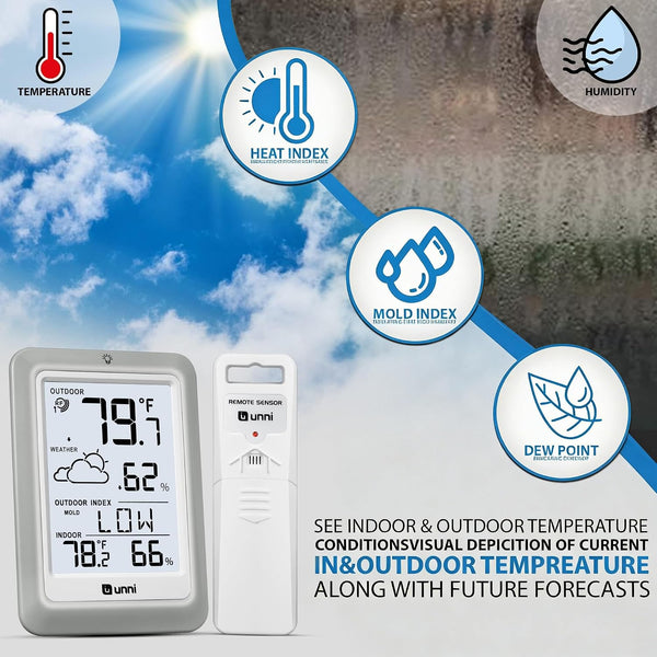Indoor Outdoor Thermometer Hygrometer Wireless Weather Station, Temperature Humidity Monitor Battery Powered Inside Outside Thermometers with