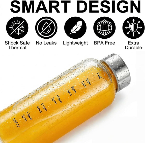 Pumtus 2 Pack Glass Water Bottles With Time Marker, 18 OZ Motivational Water Bottle with Non-slip Sleeve, Beverage Bottles with Hydrating