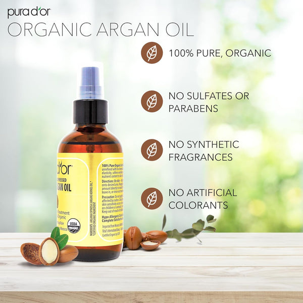 PURA D'OR 4 Oz ORGANIC Moroccan Argan Oil - USDA Certified 100% Pure & Cold Pressed Virgin Premium Grade Natural Moisturizer Treatment for Dry,