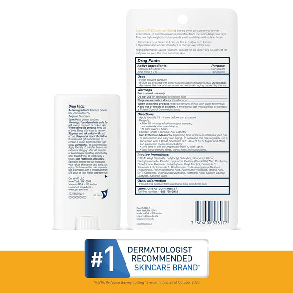 Cerave Mineral Sunscreen Stick SPF 50, Broad Spectrum SPF + Hyaluronic Acid + Ceramides, Titanium Dioxide & Zinc Oxide, 100% Mineral Face