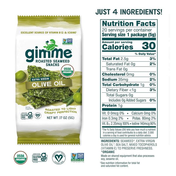 Gimme 20 CT Extra Virgin Olive Oil Organic Seaweed Snacks, 5g, 0.17oz #5 Extra Virgin Olive Oil