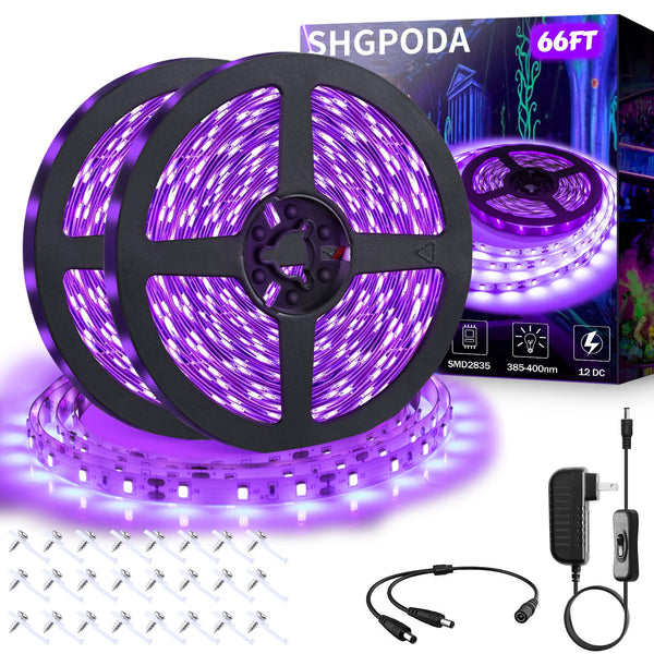66ft/20M LED Black Light Strip Kit, 1200 Units Lamp Beads, 385nm-400nm, 12V Flexible Blacklight Fixtures, 20M LED Ribbon, Non-Waterproof for