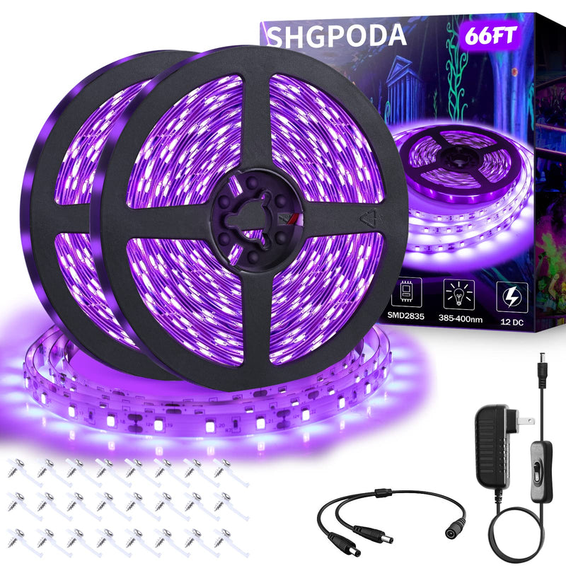 66ft/20M LED Black Light Strip Kit, 1200 Units Lamp Beads, 385nm-400nm, 12V Flexible Blacklight Fixtures, 20M LED Ribbon, Non-Waterproof for