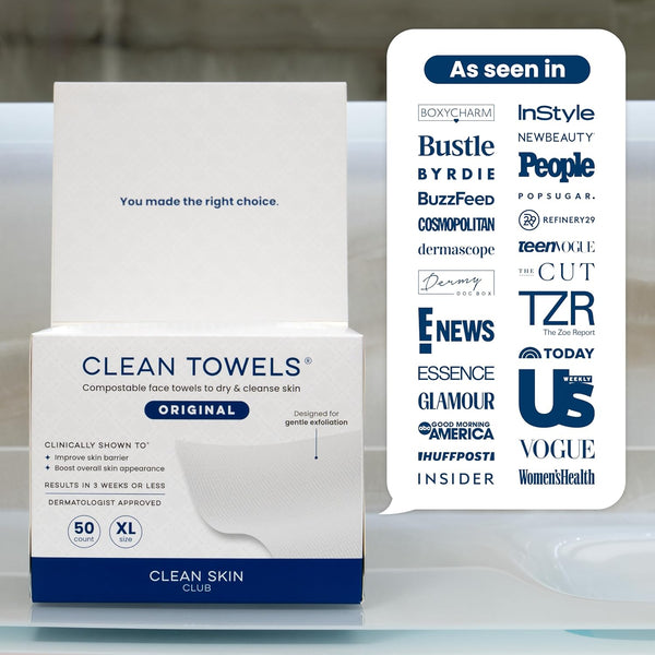 Clean Skin Club Clean Towels XL®, 100% USDA Biobased Face Towel, Disposable Face Towelette, Eczema Association Accepted, Makeup Remover Dry Wipes,