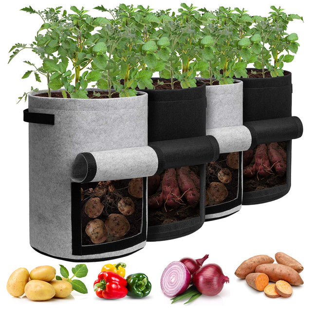 Potato Grow Bags with Flap 10 Gallon, 4 Pack Planter Pot with Handles and Harvest Window for Potato Tomato and Vegetable