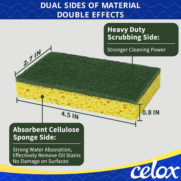CELOX Sponges Kitchen Sponges for Dishes and Cleaning, 2-Sided Scrub Sponges Dish Sponge and Kitchen Sponge for Washing Dishes, Heavy Duty,