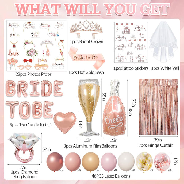 116 Pcs Bachelorette Party Decorations, Bride To Be Decorations include Bride To Be Sash Veil Crown Tattoo Stickers Photo Props Fringe Curtain for