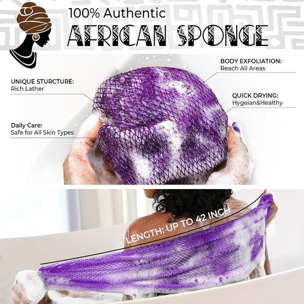 Authentic African Net Sponge with Knots - 2 Pieces Exfoliating Body Sponge Purple & Green - Back Scrubber Shower Exfoliator for Women Personal