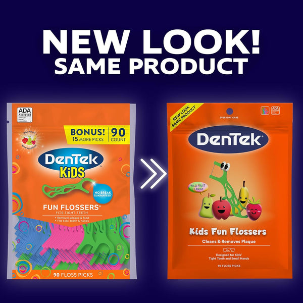 DenTek Fun Flossers – Kids Floss Picks with Wild Fruit Flavor, 90 Count Wild Fruit 90 Count (Pack of 1)