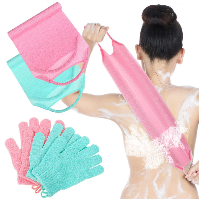 4 Pack Exfoliating Washcloth Back Scrubber Set, 2 Exfoliating Body Scrubber Nylon Back Body Scrub Towel, 2 Pairs Shower 