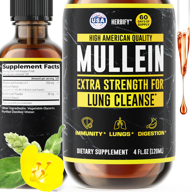 HERBIFY Mullein Drops - Lung Cleanse - Leaf Extract - Powerful Mullein for Immune Support,Detox & Respiratory Support - Made in USA - Lung Cleanse