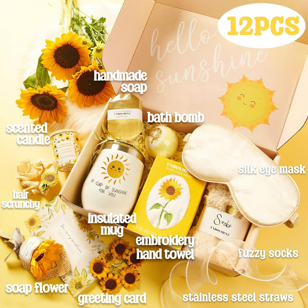 Sunflower Gifts for Women, Sending Sunshine Gift Basket, Get Well Soon for Sick Friend, Feel Better Care Package after Surgery Recovery, Thinking