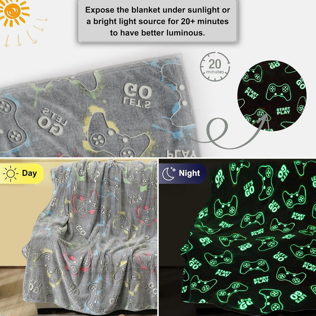 Jekeno Glow in the Dark Gaming Blanket Gamer Game Controller Throw Gift Toys for Kids Boys Teen Son Adults Gamepad Prese