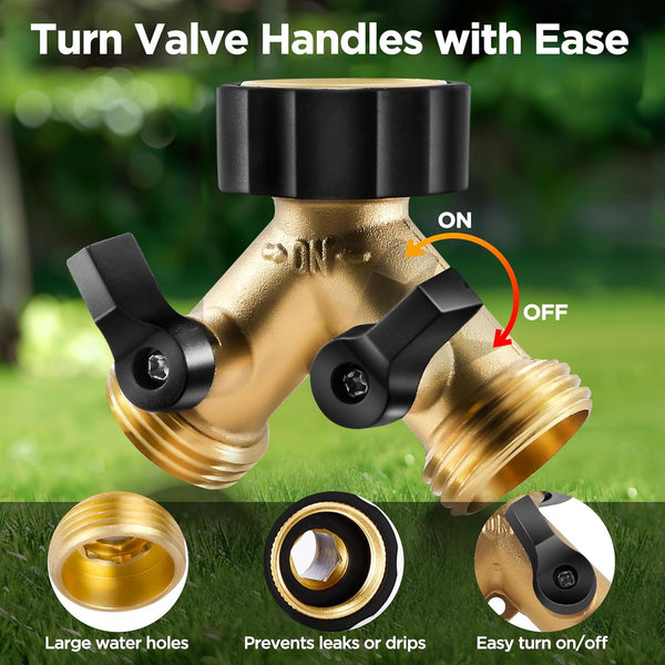 IPOW Solid Brass Body Backyard 2 Way Y Valve Garden Hose Connector Splitter Adapter + Extra 4 Rubber Hose Washers with Comfort Grip, 2 Pack