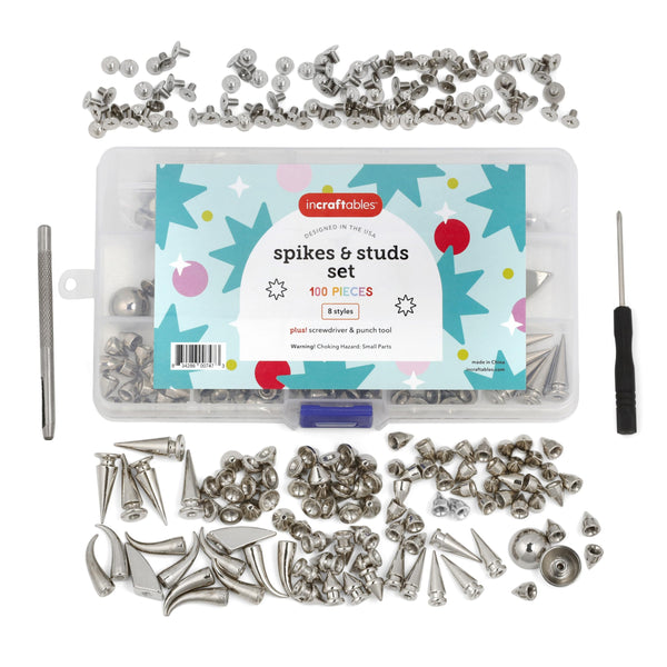 Incraftables Assorted Studs and Spikes Set (100pcs). Silver Spikes for Clothing (Small, Medium & Large) Kit. Metal Studs for Clothing for Crafts,