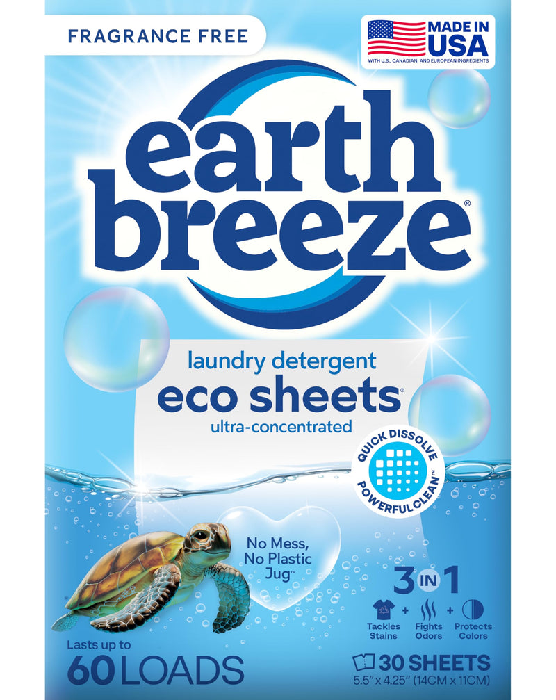 Earth Breeze Laundry Detergent Sheets Fragrance-Free - 60 Loads Eco Liquidless Soap - Travel-Friendly for Hot & Cold Cycles, Tackles Tough Stains