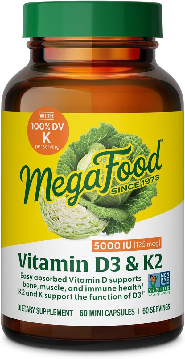 Megafood Vitamin D3 5000 IU (125 Mcg) - Vegetarian Supplements with Vitamin D3 K2 - Supports Bones, Teeth, Muscles & Immune Health - Certified