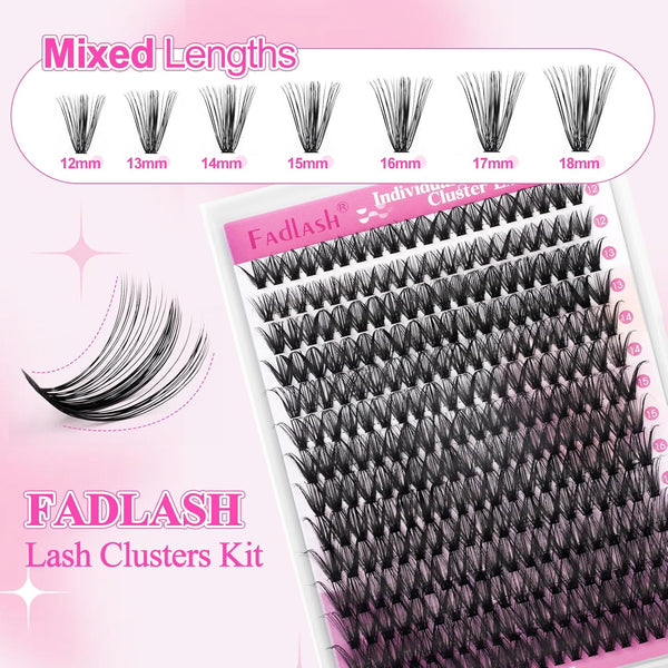 FADLASH DIY Lash Extension Kit Individual Lashes Cluster D Curl Eyelash Extension Kit with Lash Bond and Seal and Lash Applicator Tool for Self