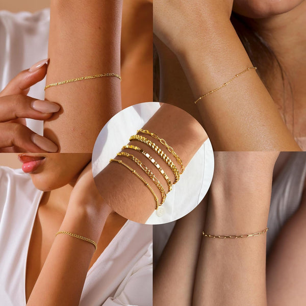Gold Bracelets for Women Trendy,14K Real Gold Plated Dainty Stackable Paperclip Cuban Link Chain Bracelets,Cuff Bracelets Jewelry Set Adjustable 7"+2