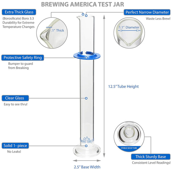 Brewing America Glass Hydrometer Test Tube Jar & Cylinder Brush - Narrow Flask for Alcohol by Volume Test - Moonshine, Homebrew Beer, Home Wine