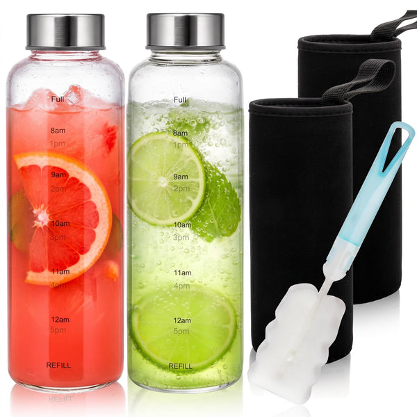 Pumtus 2 Pack Glass Water Bottles With Time Marker, 18 OZ Motivational Water Bottle with Non-slip Sleeve, Beverage Bottles with Hydrating
