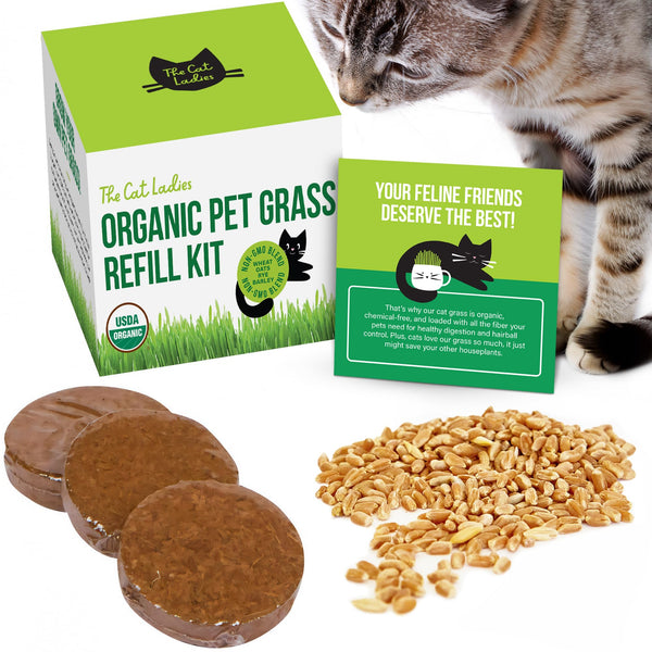 The Cat Ladies Cat Grass Refill Kit 100% Organic Cat Grass Seed and Coco Coir Soil Disks - 3 Pack