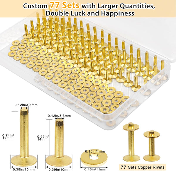 Junesunshine 154 Pcs Brass Rivets - Smooth & Pattern-Free, Pure Copper Rivets & Burrs for Leather Work, Jeans, Jacket, Clothing, Bag, Belt, Strap,