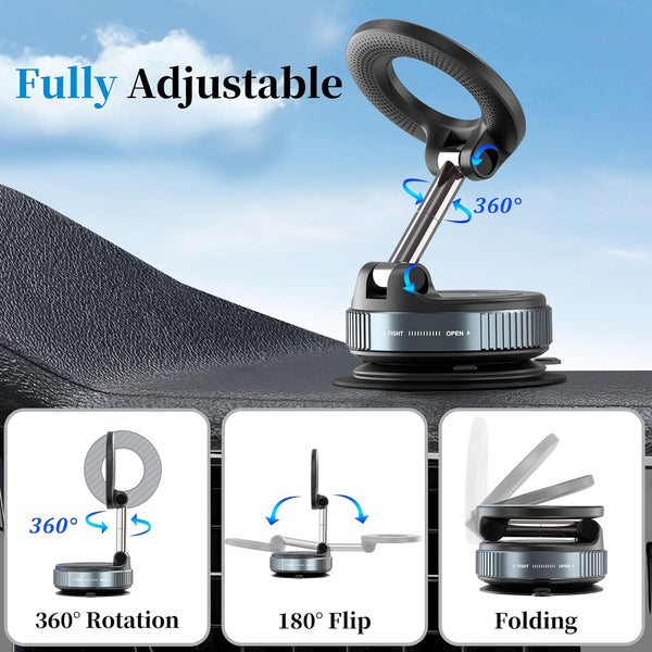 Plusacc Vacuum Magnetic Phone Holder for Car - Suction Cup Phone Mount 360ÃÂ° Rotatable Foldable Portable Strong Magnet Stand for Iphone 16/15/14/13