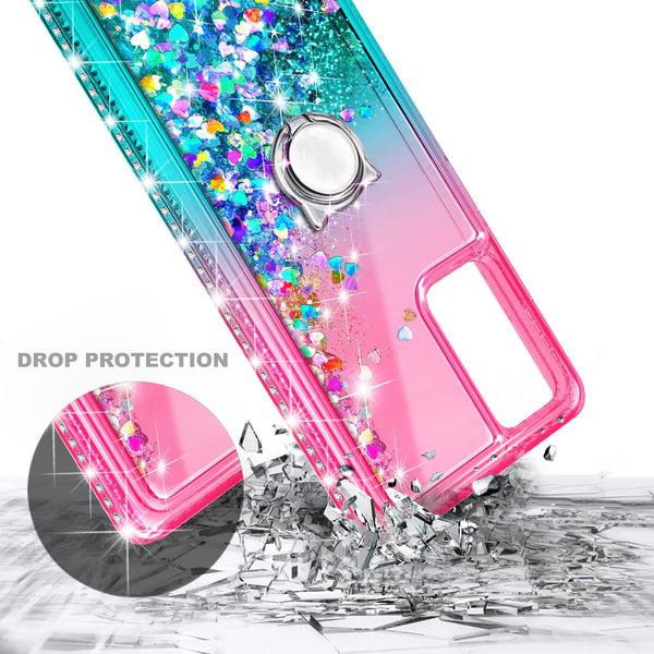 NZND Case for Samsung Galaxy A03S with Tempered Glass Screen Protector (Maximum Coverage), Ring Holder/Wrist Strap, Glitter Liquid Floating