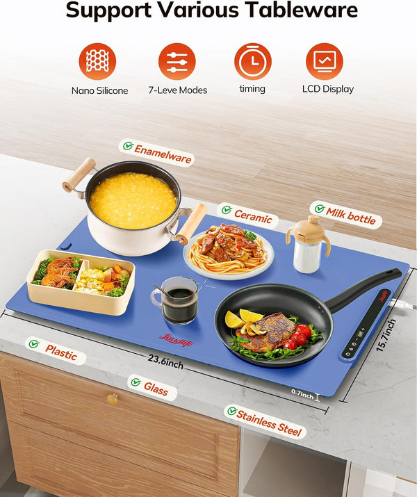 Laudlife Electric Warming Mat for Food, Roll-Up Silicone Heating Pad with 7 Adjustable Tempmaster Levels, Foldable Warming Tray for