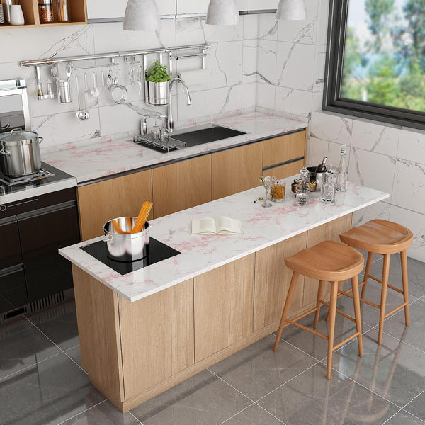 Glossy White/Pink Marble Contact Paper for Countertop Granite Wallpaper 15.8"×393" Marble Peel and Stick Wallpaper Self-Adhesive Removable Wall