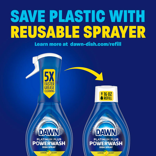 Dawn Powerwash Dish Soap Spray + 3 Dishwashing Liquid Refills Lemon, 4*16oz | Instantly breaks down 99% of residue. No water needed. Overnight