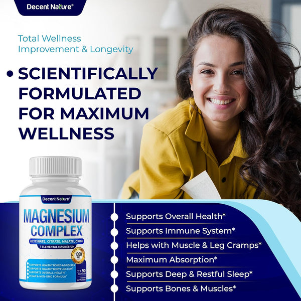 Magnesium Complex 7 Elemental Magnesium Supplement 1000mg – Magnesium Glycinate, Citrate, Malate, Taurate, Oxide, Aspartate, Orotate Non-GMO 90