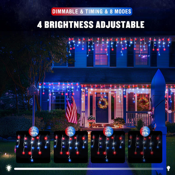JMEXSUSS Icicle Lights for 4th of July Decor, 400 LED Red White and Blue | 38.8 Ft Icicle Lights for Outside, Independence Day Icicle String Light