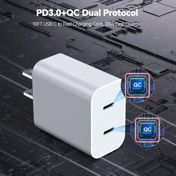 Compatible with iPhone 17/16/15 Charger Fast Charging, Dual Port 20W USB C Wall Charger Block Type C to Type C 10ft Long USB C Fast Charing Cable
