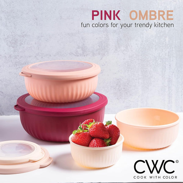 COOK WITH COLOR Prep Bowls with Lids- Wide and Deep Nesting Plastic Small Mixing Bowl Set with Lids, 8 Piece Set - Wide Bowls, Rose Rose 8 Piece